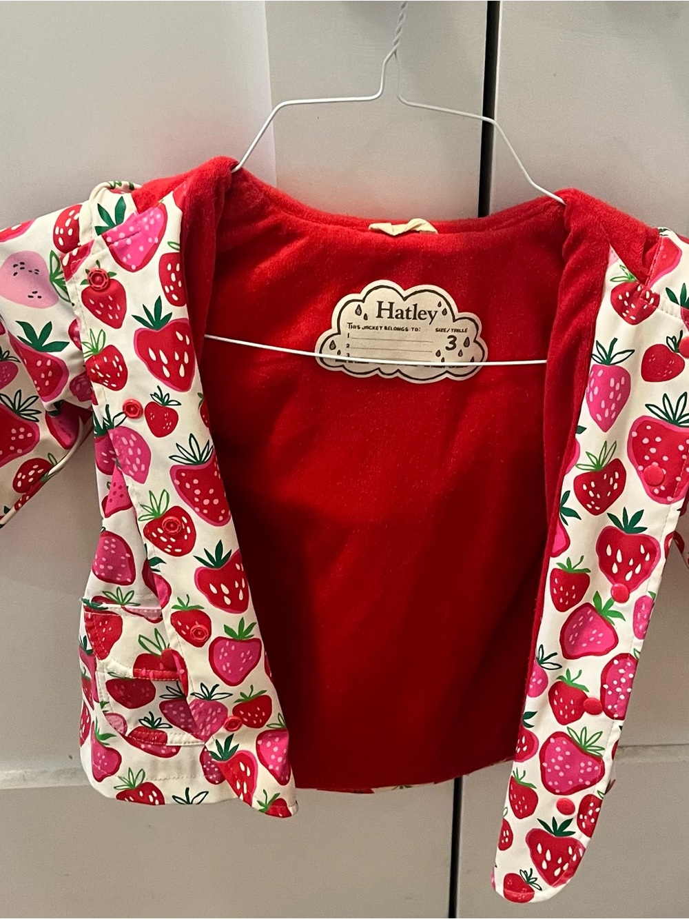 Hatley Strawberry Print Fleece-Lined Hooded Raincoat in Size 3T